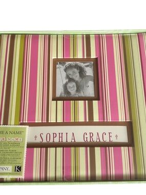 K & Company 12x12 Frame A Name Scrapbook Album Pink Brown Green Striped NEW